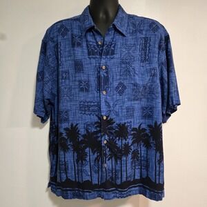 Big Dogs Shirt Mens L Blue All Over Print Hawaiian Button Camp Tropical Trees